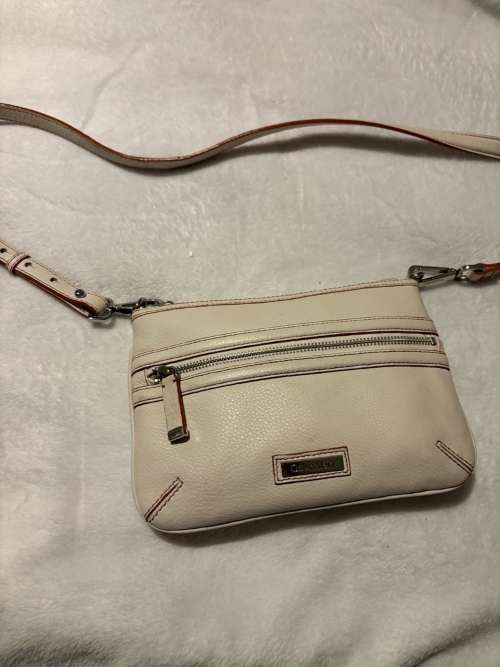 Calvin Klein Cream Pebbled Leather Crossbody Bag